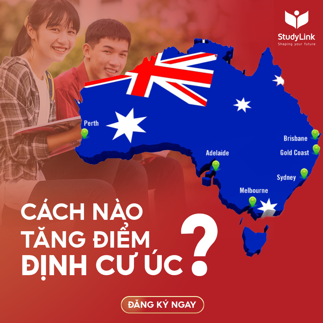 Có thể là hình ảnh về 2 người và văn bản cho biết 'StudyLink Shapin you future Perth Brisbane Adelaide GdCoas Coast Sydney Melbourne CÁCH NÀO TĂNG ĐỊNH CƯ ĐIỂM ÚC tc? ĐĂNG KÝ NGAY'